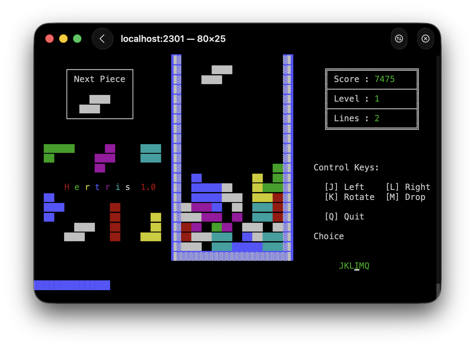 HerTris — a Tetris clone running via 68K emulation in Hermes Terminal